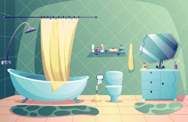 Çizgi film banyo içi küvet ve perde, tuvalet, ayna ve lavabo. Banyo zamanı düz stil tasarım şablonu. Web sitesi, yazdırma, poster için vektör illüstrasyonu.