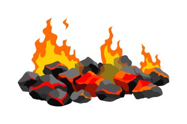 Yanan kömür. Kömür yığınının üzerinde gerçekçi, parlak bir ateş. Izgara şöminesi, sıcak karbon ya da parlayan kömür resmi için yakın çekim vektör çizimi.