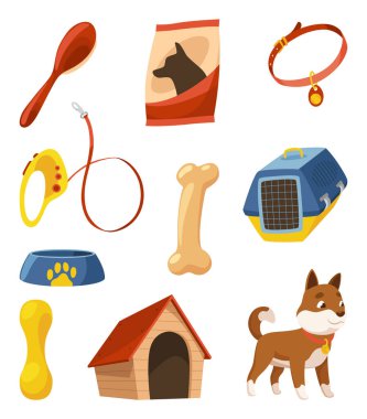 Köpek aksesuarları ikon koleksiyonu. Hayvan bakım malzemeleri ve dekoratif ürünler. Petshop süpermarketi. Hayvan aksesuarı. Düz stil klip sanatında vektör illüstrasyonu.