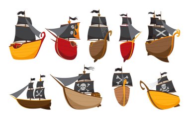Kara yelkenli karikatür korsan gemileri tasviri. Suda yelken açan korsan gemileri koleksiyonu. Jolly Roger 'ın görüntüsüne sahip kalyonlar. Şirin vektör simgeleri.