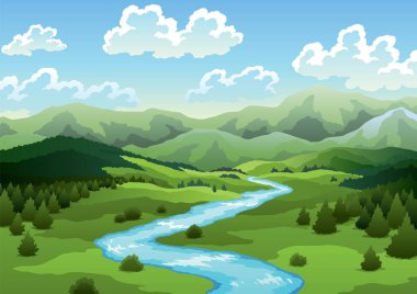 Yeşil tepeli nehir manzarası, çimen ağacı ve gökyüzünde bulutlar. Tepelerin, yeşil tarlaların ve ormanın içinden akan nehrin olduğu güzel bir manzara. Vektör illüstrasyonu.