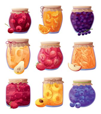 Meyve ya da böğürtlen dilimleri ile hazırlanmış kavanozlar. Ev yapımı böğürtlen ve meyve reçeli, doğal organik ürünler. Kahvaltılık yemek, tatlı meyveli tatlı vektör çizimi. Beyaz arka planda kış tenceresi.