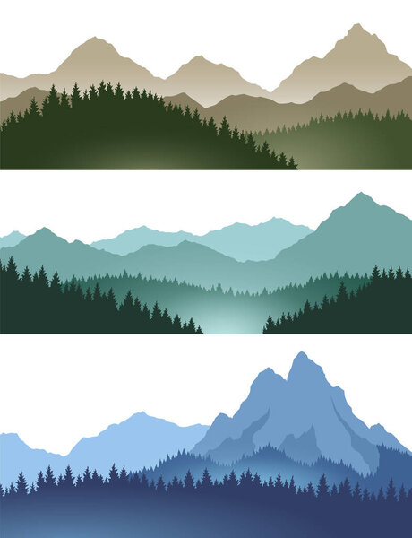 Foggy mountains landscape background set. Smoky and rocky panorama with mountains skyline and pine tree forest silhouettes. Scenery with slopes, vector cartoon illustration.