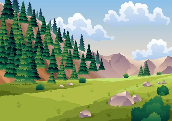 Yolculuk, seyahat. Doğada, ormanda kamp yapmaya gidiyoruz. Yaz tatili macerası. Kayalık uçurumlarla dolu güzel bir dağ manzarasının arka planı. Düz vektör illüstrasyonu.