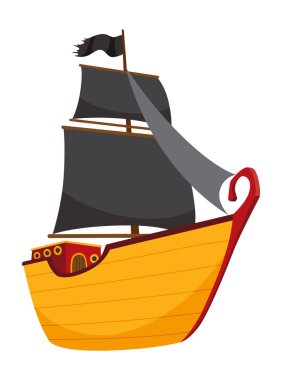 Siyah yelkenli karikatür korsan gemisi çizimi. Şirin vektör simgesi. Korsan gemisi su üzerinde ilerliyor..