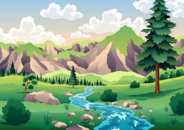 Yeşil tepeli nehir manzarası, çimen ağacı ve gökyüzünde bulutlar. Tepelerin, yeşil tarlaların ve ormanın içinden akan nehrin olduğu güzel bir manzara. Vektör illüstrasyonu.