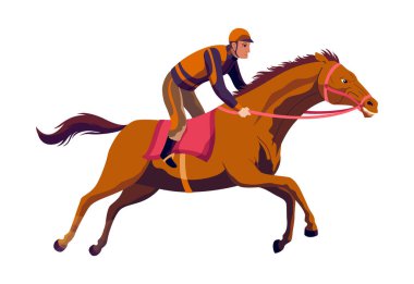 Hızlı bir yarış atı süren jokey, düz stil vektör çizimi. At yarışı turnuvası.