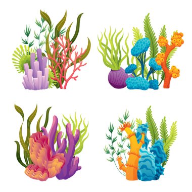 Beyaz arka planda izole edilmiş suluboya yosun ve mercanlar. Su altı yosunları. Akvaryum bitkileri koleksiyonu. Vektör deniz yaşamı. İzole edilmiş mercanlar ve algler. Su altı bitkileri.
