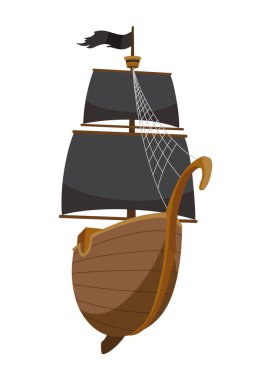 Siyah yelkenli karikatür korsan gemisi çizimi. Şirin vektör simgesi. Korsan gemisi su üzerinde ilerliyor..