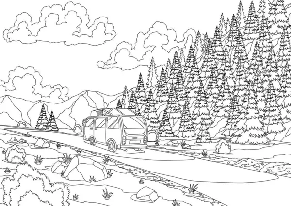 Araba gezisi, renkli bir arabayla seyahat. Doğada, ormanda kamp yapmak için yola çıktım. Kayalık uçurumlarla dolu güzel bir dağ manzarasının arka planı. Düz vektör illüstrasyonu.