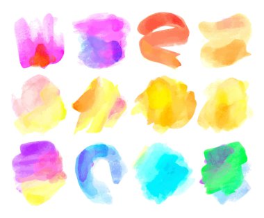Renkli vektör suluboya fırça darbeleri. Gökkuşağı renkleri suluboya boya lekeleri vektör afiş arka plan set.