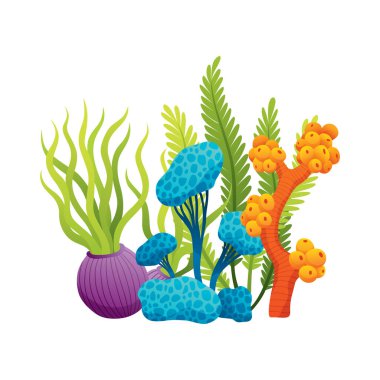 Beyaz arka planda izole edilmiş suluboya yosun ve mercanlar. Su altı yosunları. Akvaryum bitkileri koleksiyonu. Vektör deniz yaşamı. İzole edilmiş mercanlar ve algler. Su altı bitkileri.