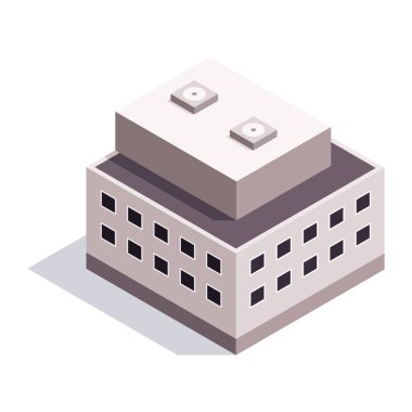 Fabrika izometrik. Endüstriyel çıkıntı. Baca kulesi olan endüstriyel fabrika kavramı. 3D izole ikon. Üretim evinin mimarisi. Vektör çizgi film illüstrasyonu.