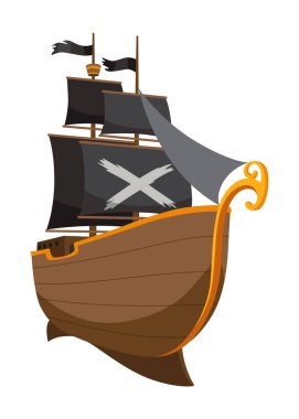 Siyah yelkenli karikatür korsan gemisi çizimi. Şirin vektör simgesi. Korsan gemisi su üzerinde ilerliyor..