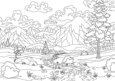 Tepeli nehir manzarası, ağaç ve gökyüzünde bulutlar. Tepelerin, tarlaların ve ormanın içinden akan nehrin olduğu güzel bir manzara. Vektör renk çizimi.