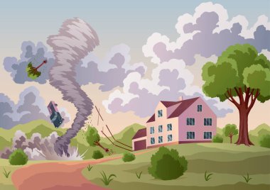 Kasırga evleri yıkar. Doğal bir facia. Güçlü bir felaket. Yıkıcı kıvrımlı rüzgar. Zorlama koşulları. Tehlikeli kasırga girdabı. Kırsal alan.