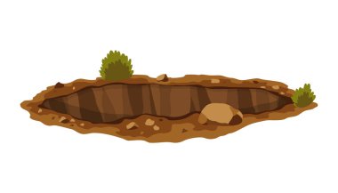 Hole ground. Works digging of sand coal waste rock or gravel. Brown, dry mine element of landscape. Cartoon illustration.