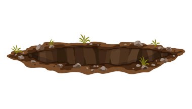 Hole ground. Works digging of sand coal waste rock or gravel. Brown, dry mine element of landscape. Cartoon illustration.