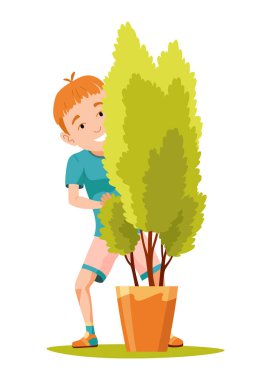 Çocuk saklambaç oynuyor. Yaz tatillerinde dışarıda oyun oynuyorlar. Çocuk dışarıda eğleniyor, yaz tatili. Vektör çizgi film illüstrasyonu.