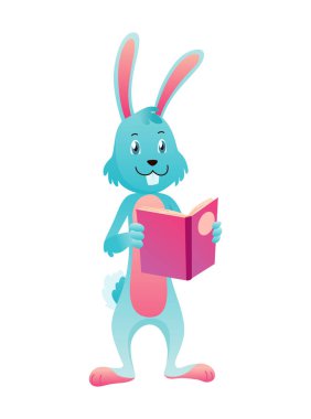 Hayvan okuma ve okuma kitabı, sevimli yavru tavşan. Çocuk karakter okuma kitabı. Okul eğitimi ve kütüphane için çizgi film sembolü. Çocuklar için vektör illüstrasyonu.