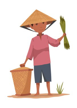 Saman koni şapkalı Asyalı çiftçi. Asya kırsal kültürü. Ellerinde hasat taşıyan Çinli çiftçi. Vektör çizgi film illüstrasyonu.