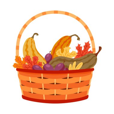 Sepet sonbahar hasat ikonu. Market ürünleri eko sepetinde. Taze organik sağlıklı vejetaryen yiyecekler. Hasat sepetleri. Sonbahar hasadı. Meyve ve ve sebzeler beyaza izole edilmiş..