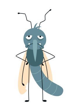 Çizgi film sivrisineği, yorgun karakter. Kan emici böcek, renkli düz simge. Şirin sivrisinek izole edilmiş vektör çizimi.