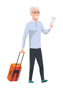 Yaşlıların hobisi. Sağlıklı ve aktif bir yaşam tarzı. Yaşlı ya da yaşlı insanlar boş vakitlerinde vakit geçiriyorlar. Büyükbabam seyahat ediyor. Düz vektör çizimi beyaz arkaplanda izole edildi.