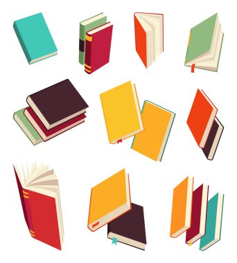 Vektör kitapları simgesi ayarlandı. Öğrenme ya da eğitim konsepti. Kitapların ya da defterlerin farklı tasarımı. Kitap okuyarak, öğrenerek ve kitaplarla eğitim alarak. Daha fazla kitap oku.