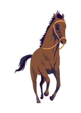 Vektör çizimi kahverengi bir atı tasvir ediyor, dizginle süslenmiş, detaylı özelliklerini ve görsel cazibe için canlı renklerini sergiliyor.