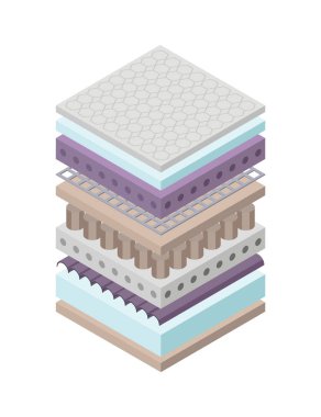 Katmanlı ortopedik yatak ikonu. İzometrik yatak katmanları. Kumaş solunabilir malzeme, doğru uyku pozisyonu için yapı. Yumuşak dolgu, konfor sentetik lif.