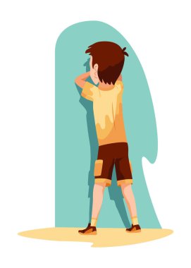 Çocuk saklambaç oynuyor. Yaz tatillerinde dışarıda oyun oynuyorlar. Çocuk dışarıda eğleniyor, yaz tatili. Vektör çizgi film illüstrasyonu.