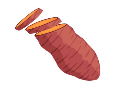 Tatlı patates sopası. Sağlıklı yiyecekler için sebzeye dayanıklı değil. Organik sebze kökü, sağlıklı vegan ya da beslenme karbonhidratı. Çizgi film düz stiliyle vektör illüstrasyonu. Beyaz arkaplanda izole.