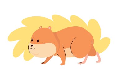 Çizgi film hamsterı. Yumuşak evcil hayvan, komik kemirgen. Mutlu ev kemirgen hayvanı. Vektör illüstrasyonu beyaz arkaplanda izole edildi.