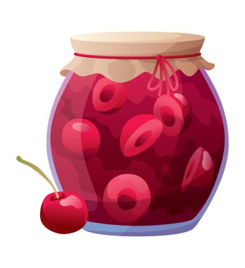 Kirazlı reçel kutusu. Ev yapımı böğürtlen ve meyve reçeli, doğal organik ürün. Kahvaltılık yemek, tatlı meyveli tatlı vektör çizimi. Beyaz arka planda kış tenceresi.
