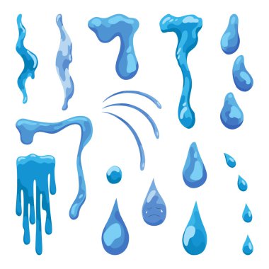 Çizgi film gözyaşı damlaları ikon seti. Kederli gözyaşları, gözyaşı damlası ya da ter damlası. Ağlayan sıvı, düşen mavi su damlaları. Hüzünlü karakter ağlayan ifadesi için izole edilmiş vektör ayarlandı. Islak keder damlacıkları.