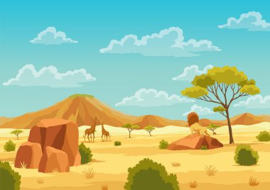 Afrika savanası manzarası. Çizgi film karakteri olan güzel doğa manzarası. Afrika safari bayrağı konsepti. Tropik turizm, egzotik eğlence afişi. Vahşi doğa savanası düz vektörü.