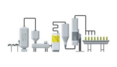 Fabrika hattında zeytinyağı üretimi, üretim süreci. Zeytin hasadını yıkama, filtreleme ve makinelerle arıtma, karikatür vektör çizimi için şişeleme.