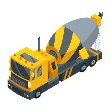 İzometrik sarı ve gri beton karıştırıcı kamyon. İnşaatla ilgili temalar için mükemmel.