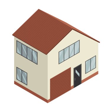 Isome Cottage ikonu. Banliyö evi kompozisyon vektör çizimi. Banliyö binasını temsil eden bilgi elemanı. Özel gayrimenkul şirketleri.