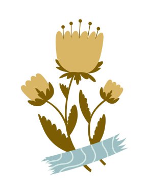 Renkli washi bandıyla süslenmiş çiçek buketi. Yapıştırmalı çiçek parçaları oldukça romantik süsler vektör çizimleri.