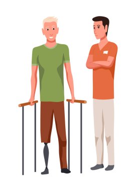 Fizyoterapi ve rehabilitasyon sırasında hastaya yardım eden bir terapist. Fiziksel engelli erkekler için fizyoterapi. Düz grafik vektör çizimi beyaz arkaplanda izole edildi.