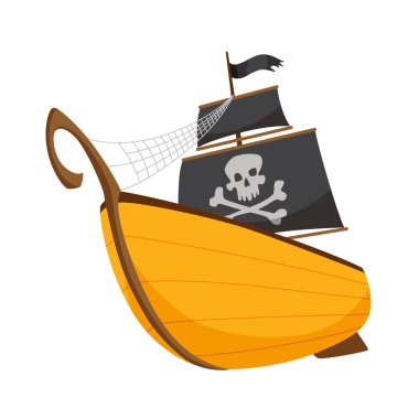 Siyah yelkenli karikatür korsan gemisi çizimi. Şirin vektör simgesi. Korsan gemisi su üzerinde ilerliyor..