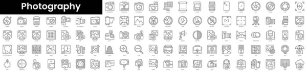 Conjunto Iconos Fotografía Esquemática Minimalista Conjunto Iconos Web Lineal Delgada — Archivo Imágenes Vectoriales