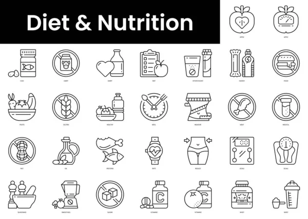 Taslak Diyet Beslenme Ikonları Minimalist Ince Doğrusal Simgesi Seti Vektör — Stok Vektör