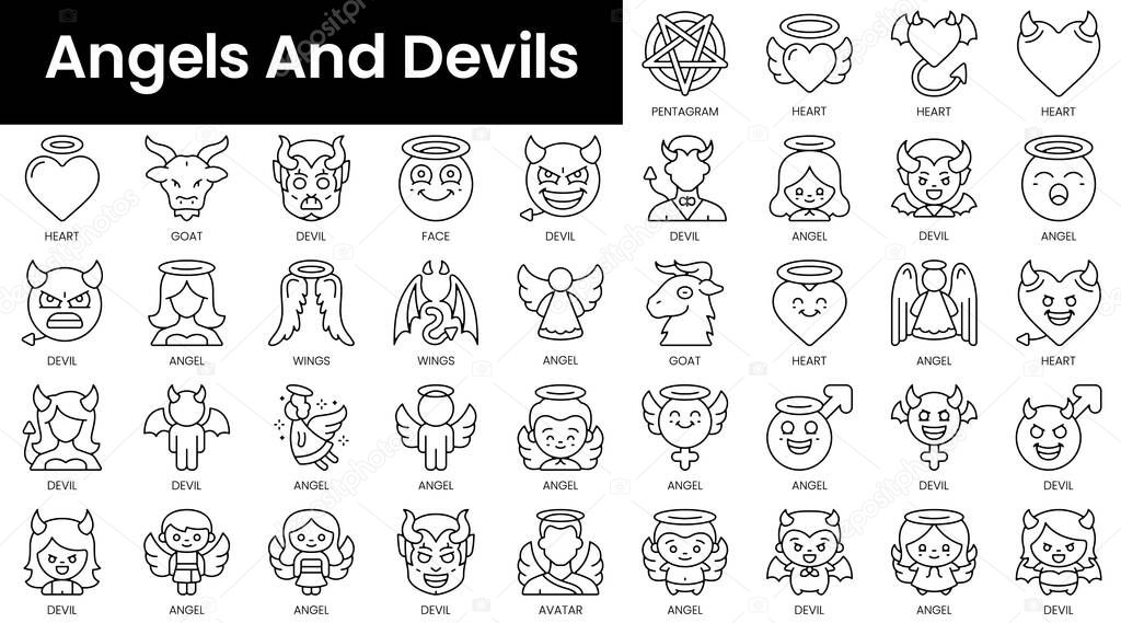 Set of outline angels and devils icons. Minimalist thin linear web icon set. vector illustration.