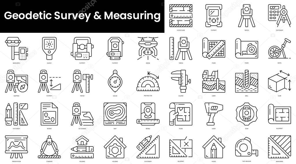 Set of outline geodetic survey and measuring icons. Minimalist thin linear web icon set. vector illustration.
