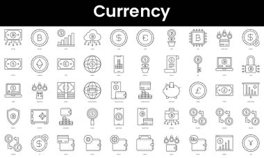 Set of outline currency icons. Minimalist thin linear web icon set. vector illustration.