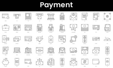 Bir dizi ödeme ikonu. Minimalist ince doğrusal ağ simgesi seti. vektör illüstrasyonu.
