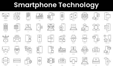 Bir dizi akıllı telefon teknolojisi ikonu. Minimalist ince doğrusal ağ simgesi seti. vektör illüstrasyonu.